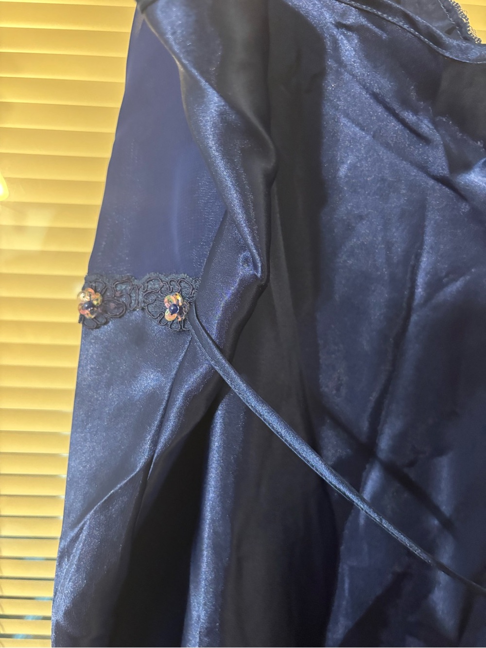 Vintage Blue Satin Slip Nightgown with beaded lace trim - Picture 7 of 10
